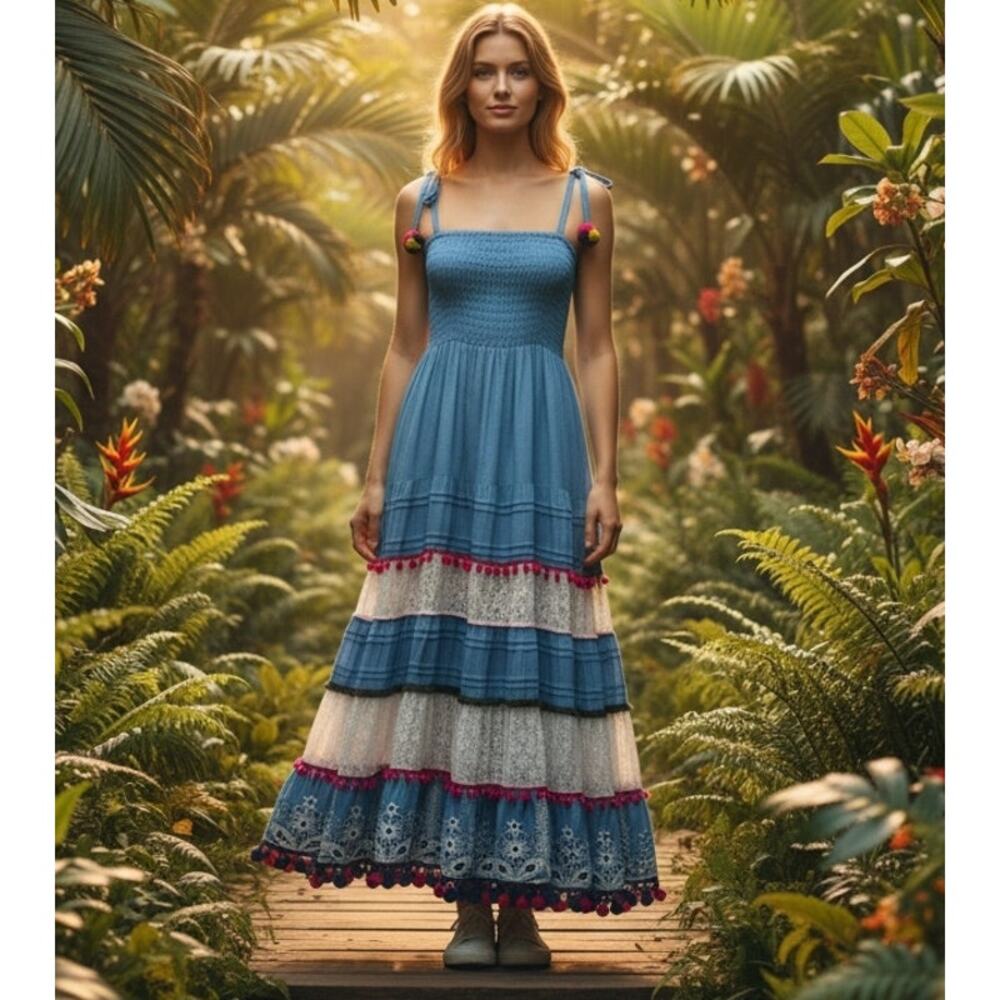 Blanco de Ibiza Boho Maxi Dress S Smocked Cotton Lace Pom Pom Tiered Blue Dress - Picture 3 of 11